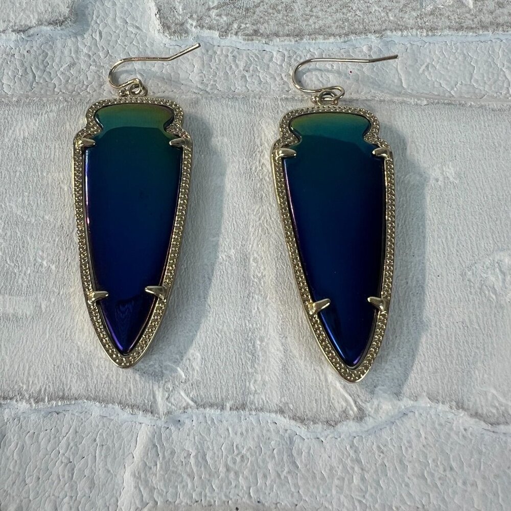 Kendra Scott Skylar Earrings Gold Arrowhead Blue Iridescent Reversible Blackβ